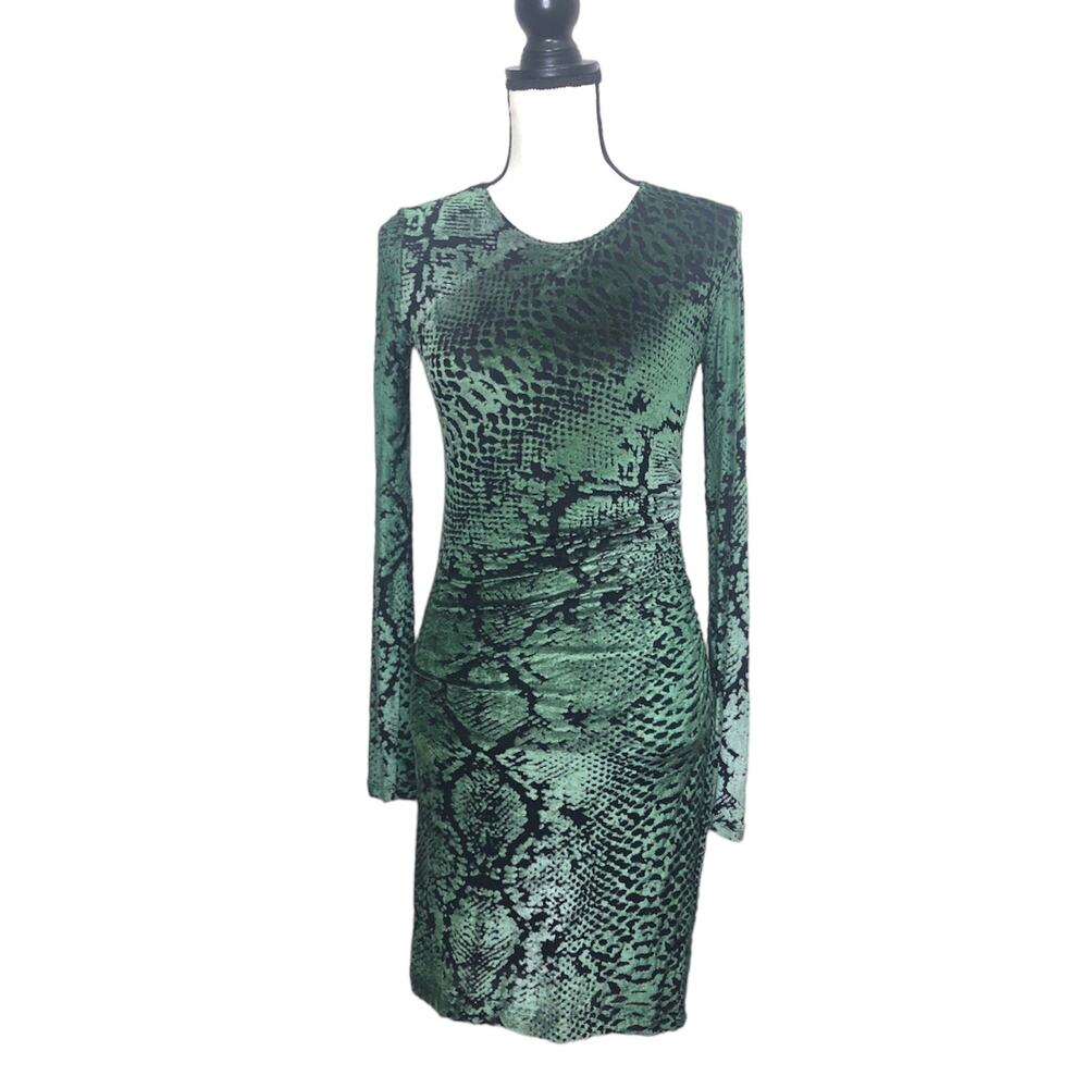 Jean Paul Gaultier FUZZI Dress Velvet Burnout Green Snake Long Sleeve Ruched S